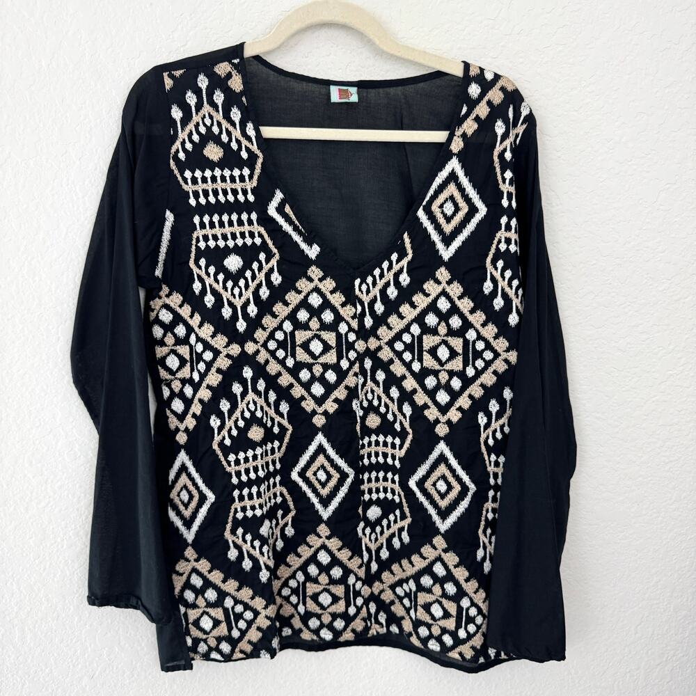 Cake Couture Womens Embroidered Blouse Top Size M Cotton Metallic Flowy Black